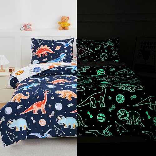 A Nice Night 5pc Glow in The Dark Kids Comforter Set,Dinosaur Galaxy Printed, Space Bedding Set Twin Size for Boys Girls Teen