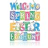 Fwiexa welcome spring wooden sign 117×28 set of 4 colorful happy easter egg hunt wood wall hanging cute bunny flower bloom butterfly spring easter sign for porch front door yard garden  urban country home decor