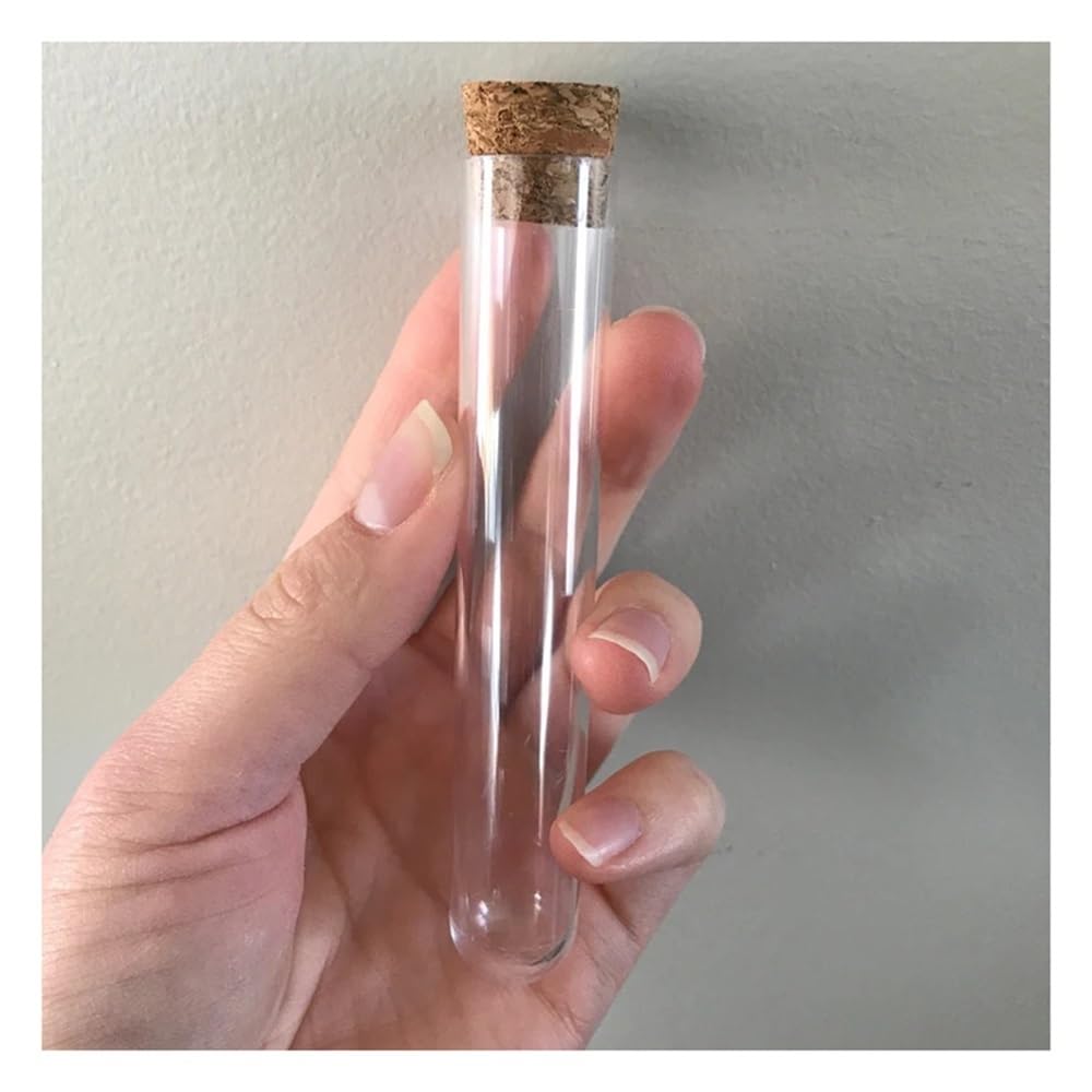 Cristalería de Laboratorio Tubos de ensayo de plástico con tapón de corcho y fondo en forma de U, 18 x 105 mm, 100 unidades por paquete.