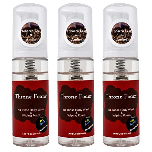 Throne Foam Waterless Cleansing Foam: No Rinse Body Wash & Wiping Foam - Foaming Shower in a Bottle for Camping, RVs, Boats - Wet Wipes Bathing Alternative - Tobacco Leaf and Amber, 1.69 Fl Oz, 3 Pack