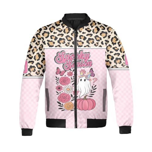 BBJ158 Halloween Spooky Season Jacket, Cute Pink Ghost Girl Jacket with Flowers & Pumpkin, Spooky Pumpkin Coat, Girly Spooky2