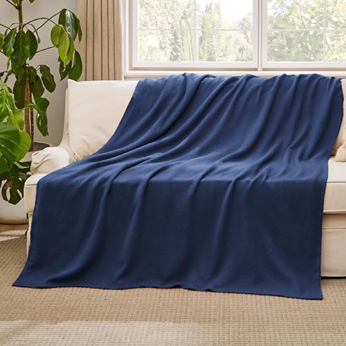 Image of Bedsure 100% Cotton Blanket, Herringbone Weave, Full, Navy Blue