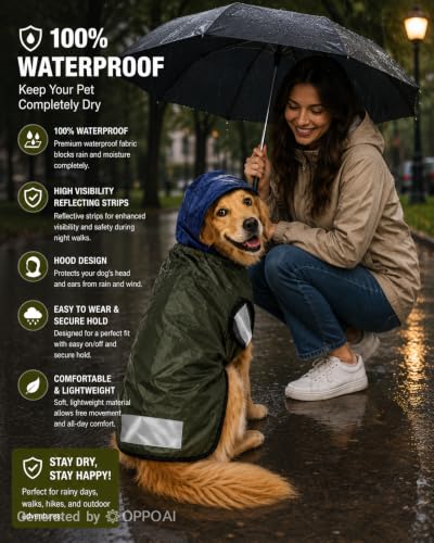 Image of RvPaws Premium Waterproof Dog Raincoat with Hood for All Breed Dogs | Safety Strips Size 12 Inch Lightweight Pet Rain Jacket for Walking, Hiking, Travel & Outdoor (Back: 12 inch, Neck: 12 inch, Girth: 17 inch)