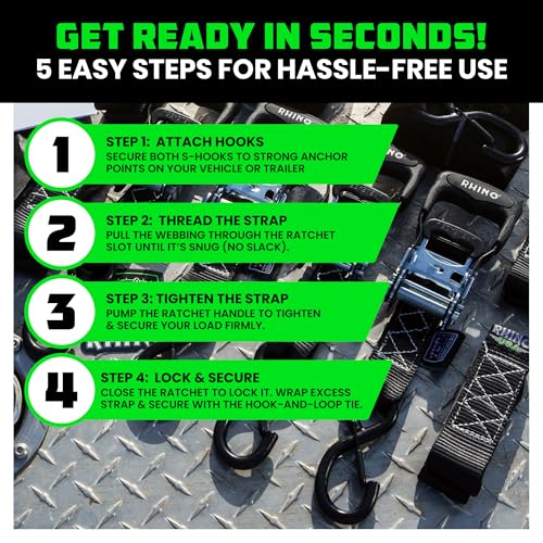Image of Rhino USA Heavy Duty Ratchet Tie Downs (2-Pack) - 1.6in x 8ft, 5,000lb