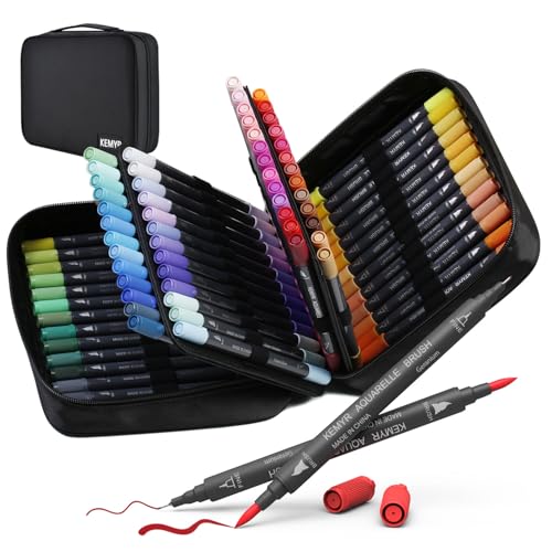KEMYR Marker-Set für ErwachsenenMalbücher 80 Farben Dual-Tips (Fein & Pinselspitze)，wasserbasierte Kunstmarker für Kinder & Erwachsene Zeichnen, Skizzieren, Bullet Journal, Schreiben, ohne Durchbluten