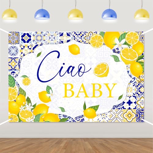Ciao Baby Backdrop, Blue Tiles Lemon Theme Ciao Baby Backdrop Banner Italian Lemon Theme Photography Background for Baby Shower Supplies 5 * 3ft