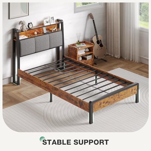 Kid's Twin Bed Frame with Charging Station, LED Lights, and Storage Shelves