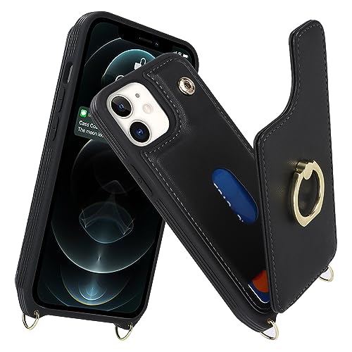 Image of for iPhone 12 Mini Case with Card Holder and Strap for Women,Crossbody Lanyard,Kickstand Ring Stand,Snap Clasp,RFID Blocking,Phone Wallet Cases 5.4 inch(Black)