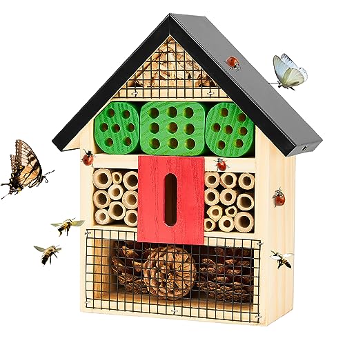 Kingsyard Wooden Mason Bee Butterfly Ladybug House - Pollinating Insect Hotel for Carpenter Bee Butterfly Ladybugs Live, Black