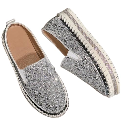 Women's Fashionable Glitter Rhinestone Decorated Slip on Loafers, Casual Comfortable Low Top for Daily Wear, Lightweight Breathable Shoes for Women & Girls, Walking Shoes, Footwear (Silver,8)