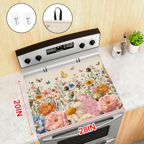 Image of Retro Floral Stove Top Cover for Electric Stove, Wild Flowers Range Covers for Electric Stove, Rubber Dish Drying Mat, Glass Cooktop Covers, Flat RV Range top Mats, 28 inchx20 inch