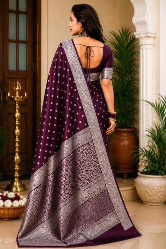 Image of Women's Glory Banarasi Satin Silk Saree with Rich Gold Silver Zari Floral Embroidery | Kanjivaram Style | Traditional Wedding & Festive sadi with Contrast Border