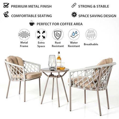 Image of BRISHI Garden Patio Seating Chair and Table Set Outdoor Balcony Garden Coffee Table Set Furniture with 1 Table and 2 Chairs Set with Cushion Braid & Rope (White.)