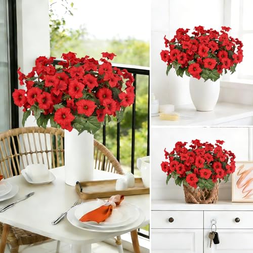 Image of Artificial Flowers for Outdoors, Faux Petunias Spring Summer Decoration, Fake Flowers Plants UV Resistant Look Real Silk Flowers for Outside Planter Front Door Porch Patio Yard (12, Red)