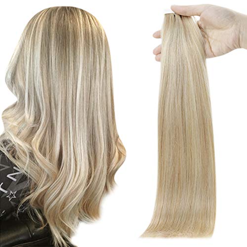 Full Shine Tape In Hair Extensions Human Hair Color 18 Ash Blonde Highlight With 24 Blonde And 60 Platinum Blonde Invisible Glue On Hair Extensions 14 Inch Seamless Skin Weft Hair Extensions 50 Gram