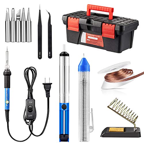 Soldering Iron Kit, Including 60W Temperature Control Soldering Iron with ON/Off Switch, Tips, Solder Sucker, Desoldering Wick, Solder Wire, Anti-Static Tweezers and Stand (A)