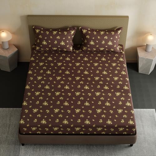 Image of Layers 100% Cotton Bedsheet for Double Size Bed | Lumina Floret Collection | 144 TC Soft & Breathable | Floral Print with 2 Pillow Covers | Wrinkle Free & Colorfast | 3 Piece Bedding Set - Brown