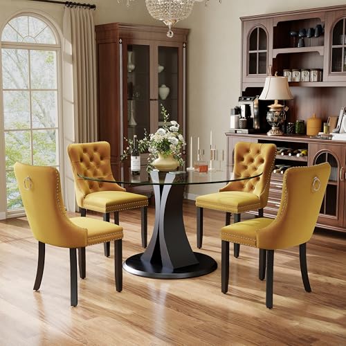 Image of 5-Piece Dining Table Set with 47In Tempered Glass Table and 4 Velvet Upholstered Chairs, Modern Scandinavian Furniture for Dining Room Kitchen(Yellow)