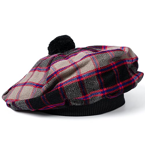 Image of Scottish Tam O' Shanter Hat Tartan Bonnet Pom Pom Wool Flat Cap One Size