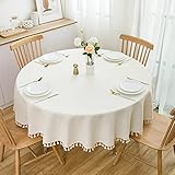 SPRICA Round Tablecloth, Cotton Linen Tassel Table Cover for Kitchen Dinner Table, Decorative Solid
