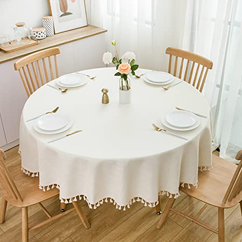 Sprica Round Tablecloth, Cotton Linen Tassel Table Cover For Kitchen Dinner Table, Decorative Solid Color Table Desk Cover, Suit For Round 20-44" Table, With Tassel Diameter 60Inch/150Cm, Beige #TOP2