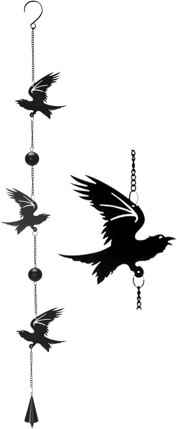 Ebros Harbinger of Doom Raven Crow Black Coated Steel Metal Wall Hanging Wind Chime with Beads Home and Patio Decor Bad Omen Macabre Edgar Poe Ravens Mobile Noisemaker