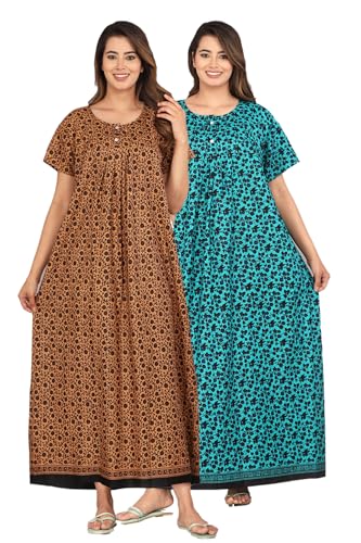 Image of Kuruti B Sheets Cotton Nighty for Women Jaipuri Print 2 Button Round Neck Short Sleeve Night Gown | Maxi Dress