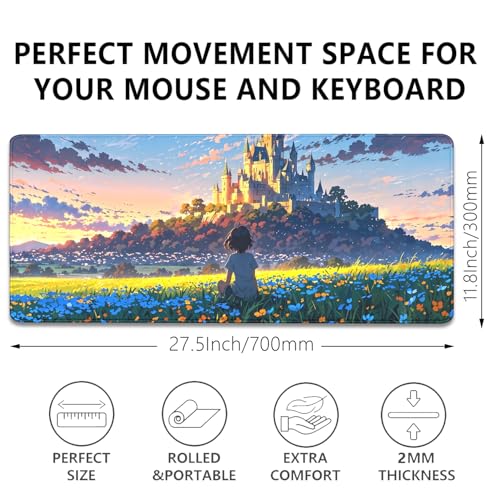 Image of Cartoon Cute Fantasy Castle Sky Flowers Children Extended Desk Pad Mouse Pad,Stitched Edges Non-Slip Rubber Base XL Mouse Mat Desk Mat for Office Home Work Mousepad(27.5X11.8 Inch)