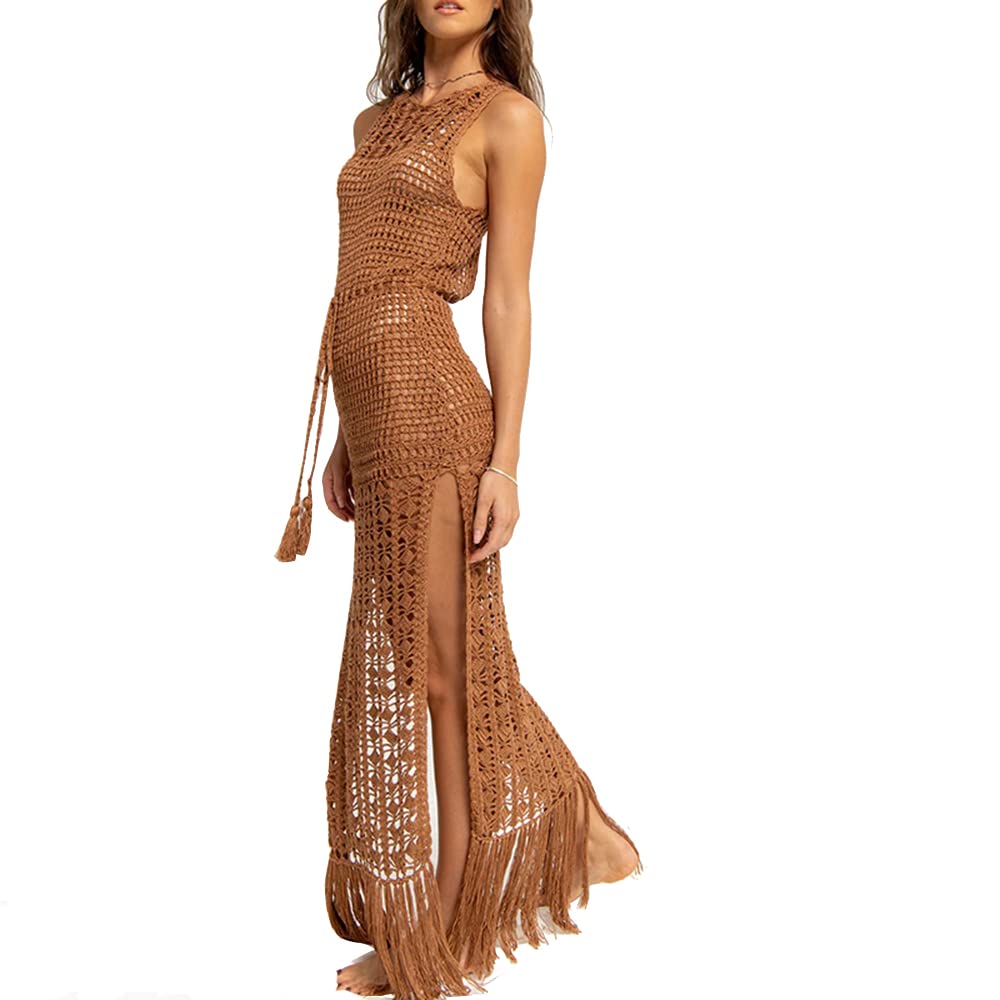 Women Sexy Hollow Out Mesh Tassle Skirts Beach Cover Up Crochet Summer Swimsuit Split Sheer Maxi Swimwear