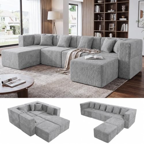 Image of MONVANE U Shaped Boneless Sectional Couch Oversized, Chenille, Light Gray