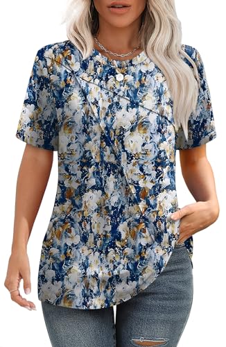 Image of XIEERDUO Womens Summer Tops 2026 Pleated Round Neck Short Sleeve Shirts Business Casual
