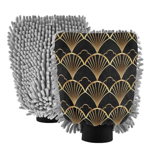 ALAZA Golden Fan Japanese Car Wash Mitt Scratch Free, 2 Pack Absorbent Microfiber/Chenille Washing & Drying Mitts, M