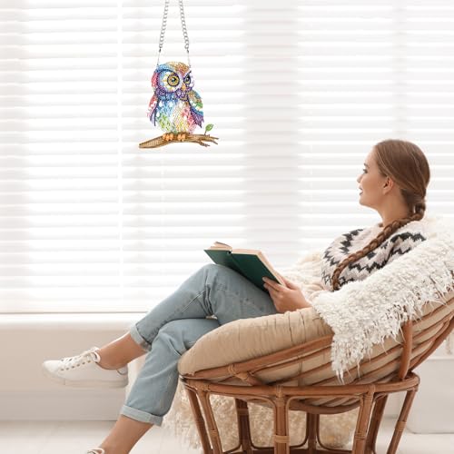 Image of AiYuanzsh Owl Diamond Painting Hanging Pendant Kit, 19 cm, Acrylic, Wall Mount, Mosaic Crafts, Home Decor, Indoor, Unisex