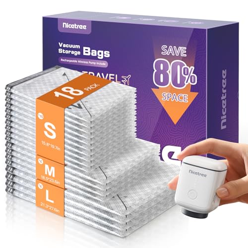 Image of Nicetree 18-Pack Travel Vacuum Bags with Rechargeable Cordless Pump | 3 Sizes (20 inch, 24 inch, 28 inch) Travel Vacuum Seal Bags for Clothing, Bedding & Seasonal Storage | Space Saver for Luggage