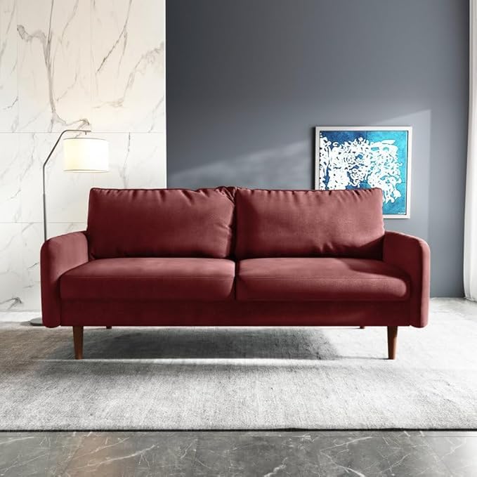 Image of Morrone Velvet Loveseat 3-Seater Sofa, Modern Upholstered Couch for Living Room, Bedroom and Office, Plush Cushion Accent Seating Furniture (Wine Red, 3 Seater)