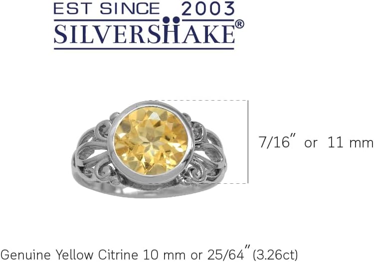 Silvershake 10MM Round Shape Gemstone White Gold Plated or Yellow Gold Plated 925 Sterling Silver Scroll/Filigree Solitaire Right Hand Ring Jewelry for Women