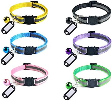 Elanz 6 Pack Reflective Breakaway Cat Collar with Bell & ID Tag – Adjustable, Super Soft, Durable Nylon Cat Collars – Multicolor with Safety Buckles & Weatherproof ID Tags for Kittens & Cats