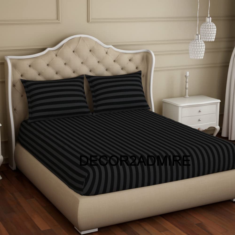 DECOR2ADMIRE 300TC Pure Cotton Plain Stripe King Size Double Bedsheet for Double Bed with Two Pillow Covers (King, Black)(100 * 108 Inches)
