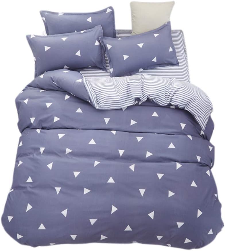 Bedding Queen Duvet Cover Set, Blue Gray & Triangles Striped Duvet Cover,Contrast 2 Tone Reversible Comforter Cover with 4 Ties Best Style for Men Women