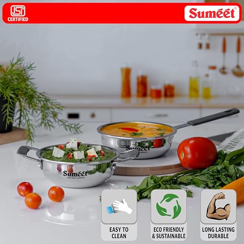 Image of Sumeet Cook Smart ISI Certified Tri-Ply (Steel - Aluminium - Steel) Set of 2 Pcs Mini Kadai 370ml - FryingTadka Pan 400ml with Silicon Grip | Induction and Gas Friendly | 2.5mm Thick, Silver
