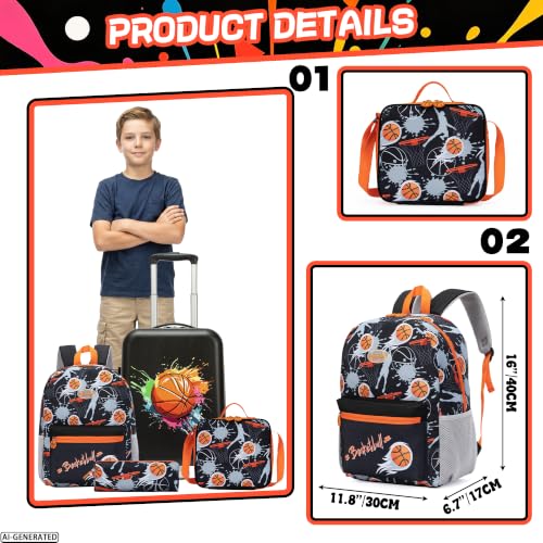 Image of Kids Basketball Carry on Luggage Set 5 Piece Kids Luggage with Spinner Wheels 16 inch Toddler Suitcase for Boys Airline Approved