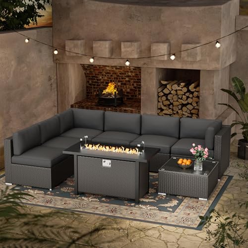 Oakcloud 8-Piece Outdoor Patio Furniture Sofa Set with 45” Propane Gas Fire Pit Table, Black Rattan Wicker Sectional Conversation Sets with Glass Top Tables and Cushions(Grey, w/Fire Pit Table)