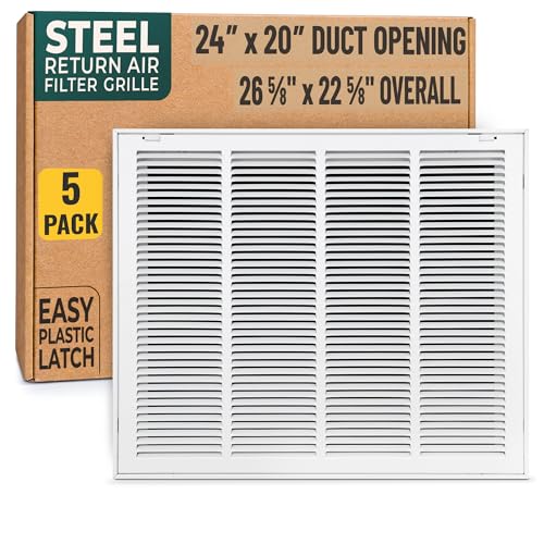 [5 Pack] Fits 24x20 Duct Opening | Steel Return Air Filter Grille by Handua [Removable Door] | Vent Cover Grill | White | Easy-to-Use Plastic Latches | Out Dim:: 26 5/8"W X 22 5/8"H