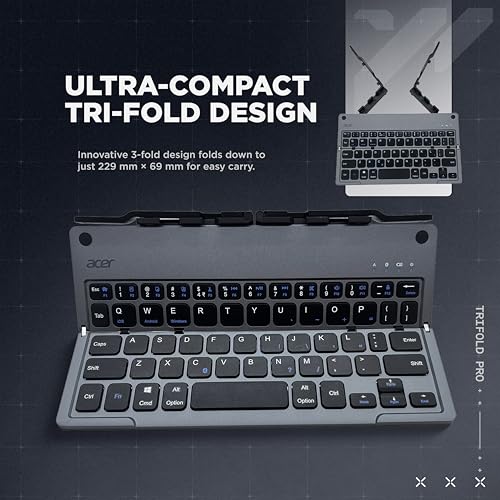 Image of acer Trifold Pro | 60 Keys Foldable Bluetooth Keyboard | BT 5.0 | Rechargeable 140mAh Battery | USB-C Fast Charging | Compact Travel Design | 40H Working Time | Space Grey | Windows /Mac /Android