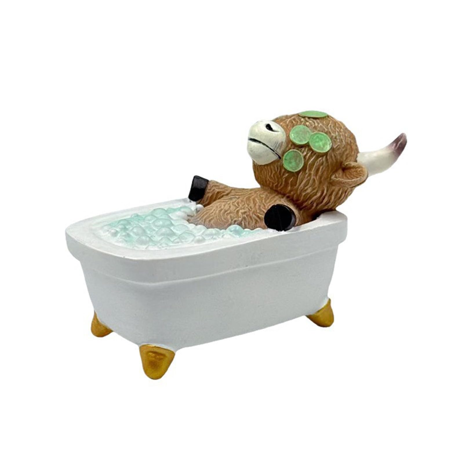Glifora Highland Cow Statue - Relaxing Bathing Cow Resin Desktop Ornament with Cucumber Slices, Decorative Aromatherapy Tray Bathroom Decoration