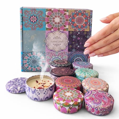 MOMENT 9 Pack Scented Candles Gift Set, Relaxing Aromatherapy Candle Smokeless with Natural Soy Wax, Portable Travel Tin Candles for Home Birthday Bath Yoga Festival Women Gifts (80g, 6x4cm)
