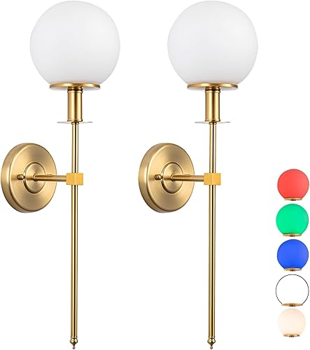 Paquete de 2 apliques de paredluces de pared, no cableados de latón dorado - Lámparas de pared de globo de vidrio blanco, lámpara inalámbrica para