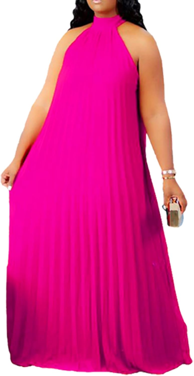 Choichic Plus Size Chiffon Dress for Women Sleeveless Halter Neck Chiffon Pleated Loose Flowy Long Summer Beach Dresses