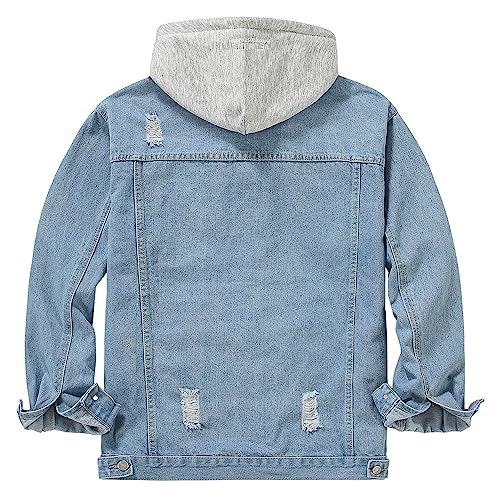 Image of Men's Denim Jacket Distressed Hooded Jean Jackets Baggy Ripped Trucker Coat | Loose Vintage Long Sleeve Denim Hoodie Cotton Button Down Jean Outerwear With Pockets Black Blue Hip Hop Streetwear Casual