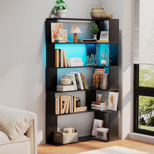 Slakerbe 5-Etagen Bücherregal L-Form Eckregal Stehend, 5-Stöckiges Hohes Eckregal Bodenstehend Aufbewahrungsregal Eck-Bücherregal Bücherschrank für Wohnzimmer Heimbüro Schlafzimmer 90x48x169cm,Black